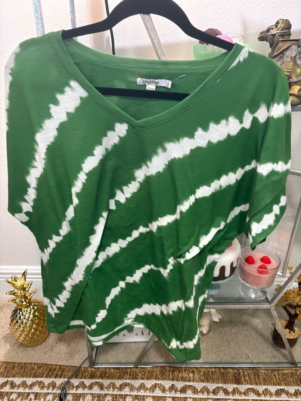 chicos womens short sleeve green white vertical geometric stripe top size 2-lg